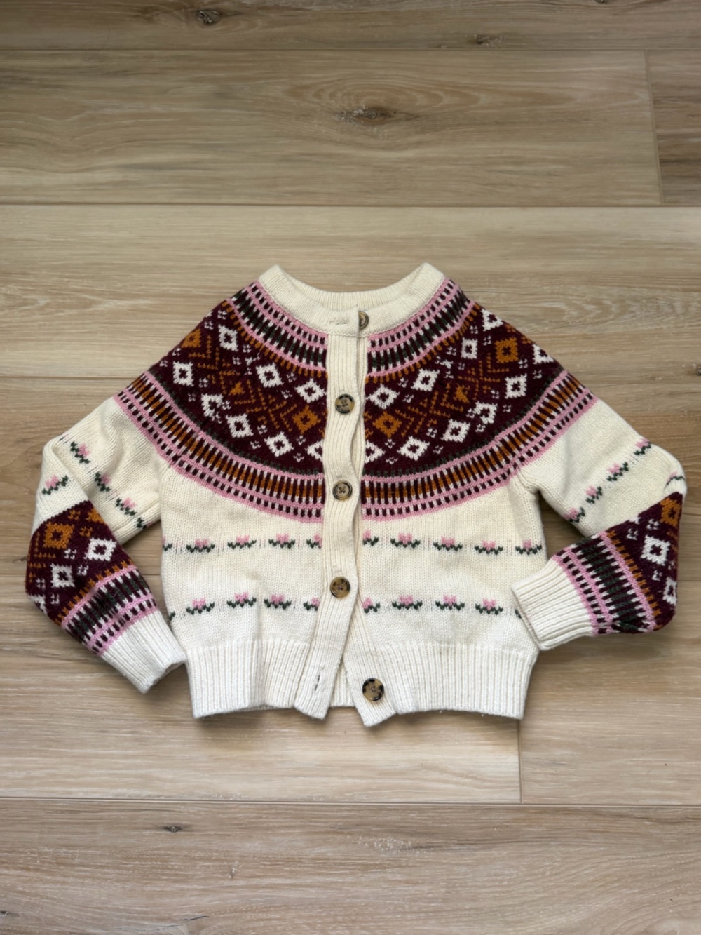 Hill House Cream Cardigan with Burgundy, Pink & Mustard Fair Isle